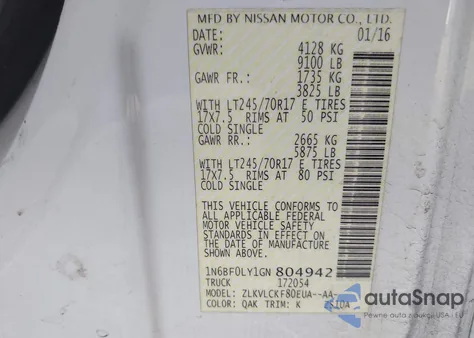 2016 Nissan Nv Cargo Nv2500 Hd S V6/Sl V6/Sv V6 z USA, uszkodzony, nr VIN 1N6BF0LY1GN804942